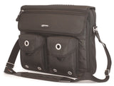A black nylon & RipStop accented 15.4" Messenger Bag by the silver grommets, pockets on the exterior & padded computer section.