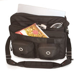 An open black nylon & RipStop accented 15.4" Messenger Bag by the silver grommets, pockets on the exterior & padded computer section.