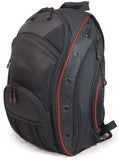A black 16"-17" EVO Laptop Backpack w/ red trim, sixteen interior & exterior pockets. Mesh padded back-panel & shoulder straps & ruggedized bottom panel