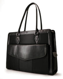 A black women's 17.3" Geneva MicroFiber Women's Briefcase w/ faux-leather trim, Safety Cell computer protection compartment, Exterior cell phone pocket, Detachable cosmetics clutch