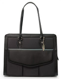 A black women's 17.3" Geneva MicroFiber Women's Briefcase w/ faux-leather trim, Safety Cell computer protection compartment, Exterior cell phone pocket, Detachable cosmetics clutch