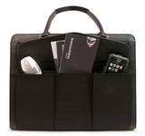 A black women's 17.3" Geneva MicroFiber Women's Briefcase w/ faux-leather trim, Safety Cell computer protection compartment, Exterior cell phone pocket, Detachable cosmetics clutch