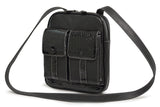 A black women's 10" Crossbody Tech organizer Messenger bag w/ faux crocodile accents. Has padded fur-lined pocket to store an iPad or 11" tablet. Made of vegan leather exterior w/ contrast stitching & plaid cotton-twill lining.