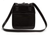 A back view of black women's 10" Crossbody Tech organizer Messenger bag w/ faux crocodile accents. Has padded fur-lined pocket to store an iPad or 11" tablet. Made of vegan leather exterior w/ contrast stitching & plaid cotton-twill lining.