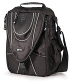 A black 1680D Ballistic Nylon 13.3" Mini Messenger Bag w/ silver trim, padded compartments for tablet / electronic devices, Mobile Phone Pocket & Side Mesh Water Bottle Pocket