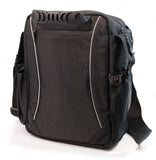 Back view of black 1680D Ballistic Nylon 13.3" Mini Messenger Bag w/ silver trim, padded compartments for tablet / electronic devices, Mobile Phone Pocket & Side Mesh Water Bottle Pocket