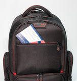 A black ballistic nylon 16”-17" Professional Laptop Backpack w/ 4 separate storage sections, padded air-mesh shoulder straps & back panel, padded top carry handle, adjustable & padded laptop compartment for 13” to 16” laptops & zippered front organizer section.