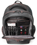 An opened black ballistic nylon 16”-17" Professional Laptop Backpack w/ 4 separate storage sections, padded air-mesh shoulder straps & back panel, padded top carry handle, adjustable & padded laptop compartment for 13” to 16” laptops & zippered front organizer section.