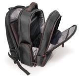 An opened black ballistic nylon 16”-17" Professional Laptop Backpack w/ 4 separate storage sections, padded air-mesh shoulder straps & back panel, padded top carry handle, adjustable & padded laptop compartment for 13” to 16” laptops & zippered front organizer section.