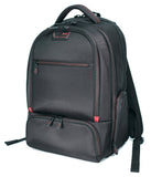 A black ballistic nylon 16”-17" Professional Laptop Backpack w/ 4 separate storage sections, padded air-mesh shoulder straps & back panel, padded top carry handle, adjustable & padded laptop compartment for 13” to 16” laptops & zippered front organizer section.