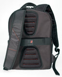 A back view of black ballistic nylon 16”-17" Professional Laptop Backpack w/ 4 separate storage sections, padded air-mesh shoulder straps & back panel, padded top carry handle, adjustable & padded laptop compartment for 13” to 16” laptops & zippered front organizer section.