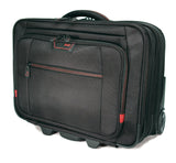 A black 13"-17.3” Professional Rolling Laptop briefcase made from ballistic nylon. Includes 5-stage telescoping handle, a padded top carry, in-line skate wheels, trolley strap for stacking on other luggage. Also has adjustable, padded laptop compartment, separate fleece lined pouch for an iPad, tablet or e-reader, a large file section, oversized compartment & zippered front organizer section.