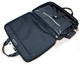 An open black eco 16"-17" Checkpoint Friendly ScanFast Briefcase 2.0 w/ scan fast laptop compartment & front compartments. Padded shoulder straps & multiple compartments inside.