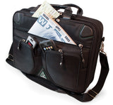 An opened black eco 16"-17" Checkpoint Friendly ScanFast Briefcase 2.0 w/ scan fast laptop compartment & front compartments. Padded shoulder straps & multiple compartments inside.