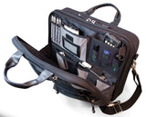 An opened black eco 16"-17" Checkpoint Friendly ScanFast Briefcase 2.0 w/ scan fast laptop compartment & front compartments. Padded shoulder straps & multiple compartments inside.