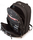 An open black eco 17" Checkpoint Friendly ScanFast Backpack 2.0 w/ padded shoulder straps & multiple compartments inside.