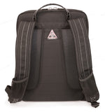 A back view of a women's Onyx 16"-17" Checkpoint Friendly ScanFast Backpack w/ ventilated padded back panel & hide-away water bottle holder w/ extra matching clutch purse included. Faux crocodile accents.