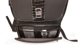 An opened women's Onyx 16"-17" Checkpoint Friendly ScanFast Backpack w/ ventilated padded back panel & hide-away water bottle holder w/ extra matching clutch purse included. Faux crocodile accents.