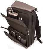 An opened women's Onyx 16"-17" Checkpoint Friendly ScanFast Backpack w/ ventilated padded back panel & hide-away water bottle holder w/ extra matching clutch purse included. Faux crocodile accents.