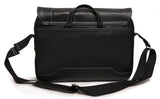 A back view of black 14"-15" Slimline Chromebook / Ultrabook Messenger bag w/ Koskin outer-shell material w/ contrast stitching & perforated accent panels. Has padded pockets for both 14.1” Ultrabook & an iPad or other popular tablet. Space for files & accessories, interior zippered pocket, full-length exterior pocket plus organizer, adjustable shoulder strap w/ polished nickel fittings.