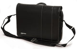 A black 14"-15" Slimline Chromebook / Ultrabook Messenger bag w/ Koskin outer-shell material w/ contrast stitching & perforated accent panels. Has padded pockets for both 14.1” Ultrabook & an iPad or other popular tablet. Space for files & accessories, interior zippered pocket, full-length exterior pocket plus organizer, adjustable shoulder strap w/ polished nickel fittings.