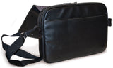 An open black 14"-15" Slimline Chromebook / Ultrabook Messenger bag w/ Koskin outer-shell material w/ contrast stitching & perforated accent panels. Has padded pockets for both 14.1” Ultrabook & an iPad or other popular tablet. Space for files & accessories, interior zippered pocket, full-length exterior pocket plus organizer, adjustable shoulder strap w/ polished nickel fittings.