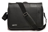 A black 14"-15" Slimline Chromebook / Ultrabook Messenger bag w/ Koskin outer-shell material w/ contrast stitching & perforated accent panels. Has padded pockets for both 14.1” Ultrabook & an iPad or other popular tablet. Space for files & accessories, interior zippered pocket, full-length exterior pocket plus organizer, adjustable shoulder strap w/ polished nickel fittings.