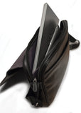 An open black 14"-15" Slimline Chromebook / Ultrabook Messenger bag w/ Koskin outer-shell material w/ contrast stitching & perforated accent panels. Has padded pockets for both 14.1” Ultrabook & an iPad or other popular tablet. Space for files & accessories, interior zippered pocket, full-length exterior pocket plus organizer, adjustable shoulder strap w/ polished nickel fittings.