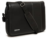 A black 14"-15" Slimline Chromebook / Ultrabook Messenger bag w/ Koskin outer-shell material w/ contrast stitching & perforated accent panels. Has padded pockets for both 14.1” Ultrabook & an iPad or other popular tablet. Space for files & accessories, interior zippered pocket, full-length exterior pocket plus organizer, adjustable shoulder strap w/ polished nickel fittings.