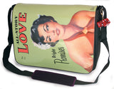 This is a green 15.4" Maddie Powers Pulp Fiction Messenger bag w/ pulp magazine images from the 40s and 50s on the front, built-in cell phone pouch & interior pockets, plush velveteen trim & a cushioned shoulder strap.