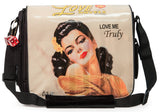 This is a peach 14.1" Maddie Powers Pulp Fiction Laptop Bag w/ pulp magazine images doubles as a tote bag w/ removable laptop sleeve, soft velveteen trim & old Hollywood style.