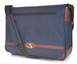 A 15.4" Maddie Powers Retro Football Messenger Bag. The Messenger bag’s exterior icon football image is that of a sports pulp magazine from the 40's and 50's while the actual vintage magazine cover is printed on the inside lining. On the exterior is a sports icon enamel badge.