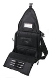 An open black 1680D Ballistic Nylon 13.3" Mini Messenger Bag w/ orange trim, padded compartments for tablet / electronic devices, Mobile Phone Pocket & Side Mesh Water Bottle Pocket