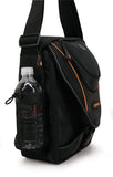 Side view of black 1680D Ballistic Nylon 13.3" Mini Messenger Bag w/ orange trim, padded compartments for tablet / electronic devices, Mobile Phone Pocket & Side Mesh Water Bottle Pocket