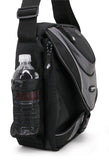 Side view of black 1680D Ballistic Nylon 13.3" Mini Messenger Bag w/ silver trim, padded compartments for tablet / electronic devices, Mobile Phone Pocket & Side Mesh Water Bottle Pocket