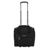 A black 15" rolling underseat bag w/ USB port. Telescopic handle, open side pocket