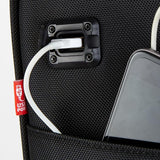 A black 15" rolling underseat bag w/ USB port. Telescopic handle, open side pocket