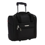 A black 15" rolling underseat bag w/ USB port, Telescopic handle, open side pocket