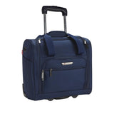 A navy 15" rolling underseat bag w/ USB port, Telescopic handle, open side pocket