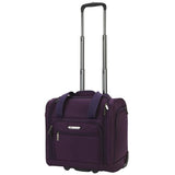 A purple 15" rolling underseat bag w/ USB port. Telescopic handle, open side pocket