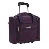A purple 15" rolling underseat bag w/ USB port, Telescopic handle, open side pocket