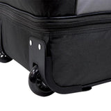 Bottom of black & green 30"/36" TPRC 2-Section Drop Bottom Rolling Duffel Bag w/ telescopic handle, in-line blade wheels & 2-section drop-bottom.