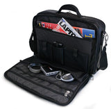 An open 15.6" Premium Laptop Briefcase. Built-in elastic shoulder strap system, padded laptop pocket & multiple zippered compartments.