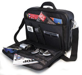 An open ballistic nylon 15.6" Select laptop Briefcase. Built-in elastic shoulder strap system, padded laptop pocket & multiple zippered compartments.