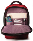 An opened red 1680D Nylon 16" SmartPack Backpack w/ Fleece Lined Pouch for a Tablet, Ergonomic Ventilated Back Panel, Padded Shoulder Straps & Carry Handle & Exterior Mesh Water-Bottle Pockets