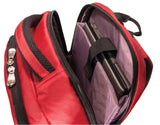 An opened red 1680D Nylon 16" SmartPack Backpack w/ Fleece Lined Pouch for a Tablet, Ergonomic Ventilated Back Panel, Padded Shoulder Straps & Carry Handle & Exterior Mesh Water-Bottle Pockets