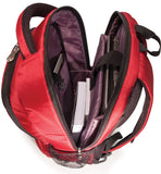 An opened red 1680D Nylon 16" SmartPack Backpack w/ Fleece Lined Pouch for a Tablet, Ergonomic Ventilated Back Panel, Padded Shoulder Straps & Carry Handle & Exterior Mesh Water-Bottle Pockets