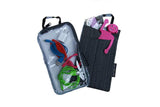 A grey insert bag for cords, boarding pass and small essentials & clear TSA bag included in the in-flight travel organizer TAB messenger V2 bag