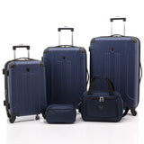 A navy, expandable 5-pc Chicago Plus Carry-On Set w/ 360º Spinner wheels, telescopic handle, Corner guards & 4 side studs.