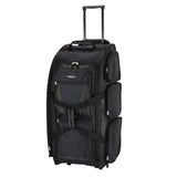 A black 30" rolling upright multi-pocket duffel.